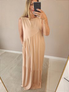 Vestido longo transversal no viscolinho nude