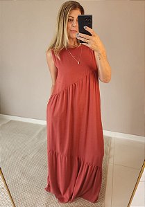 Vestido longo transversal no viscolinho terra