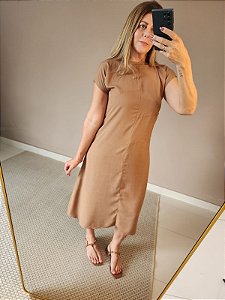 Vestido Midi com recortes no viscolinho caramelo