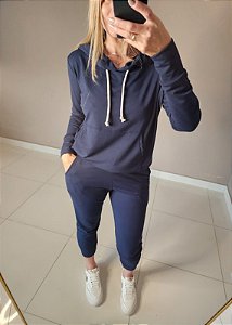 Blusa manga longa moletinho azul marinho capuz