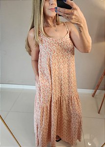 Vestido longo camadas alça amarração floral laranj
