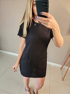 Vestido retro no linho com bolsos na cor preto