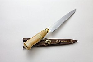Faca Estreita com Aço Inox 3mm de espessura - Cabo de OSSO e metal e Bainha em couro