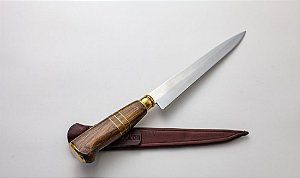 Faca Estreita com Aço Inox 3mm de espessura - Cabo de MADEIRA e metal e Bainha em couro