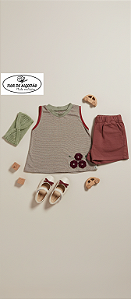 Blusa infantil algodão natural listra com crochê