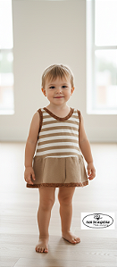 Vestido Infantil Flor de Algodão Listrado Bege em Algodão Natural Ecológico 2 anos