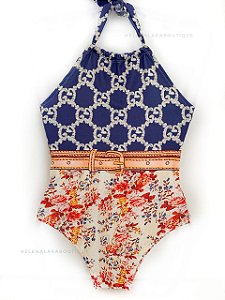 Maiô azul/ Floral