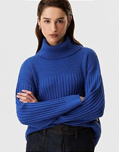 Blusa Tricot Canelada Gola Alta Azul