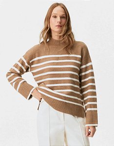 Blusa Tricot Listrada Gola Alta Khaki