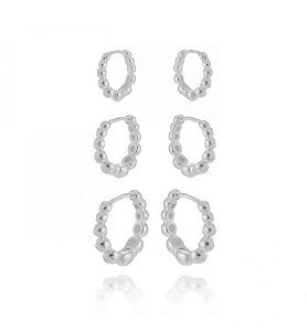 Trio argolas de bolinhas na prata 925