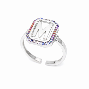 Anel de letra colorida ródio branco