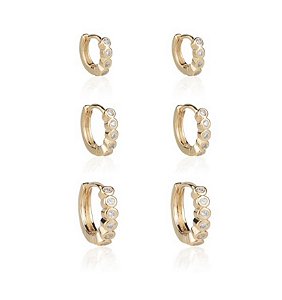 Trio de argola fina cravejada