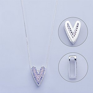 Colar de coração lilás e rose na prata