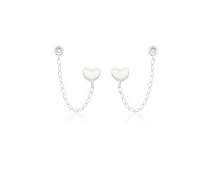 Brinco para dois furos coração e ponto de luz na prata 925