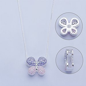 Colar de borboleta lilás e rosé na prata