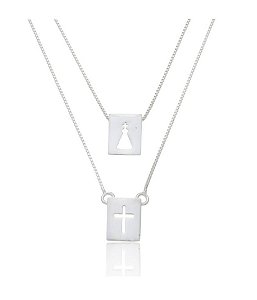 Colar escapulário de Nossa Senhora Aparecida e Cruz na prata 925