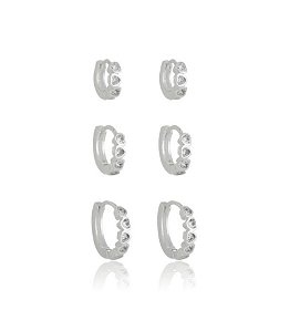 Trio de argola com formato de coração na prata