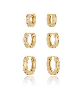 Trio de argola oval com pontos de luz (escolha o banho)