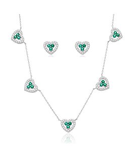 Conjunto de coração com zircônias cristais e esmeralda