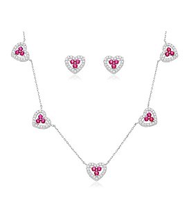 Conjunto de coração com zircônias cristais e pink