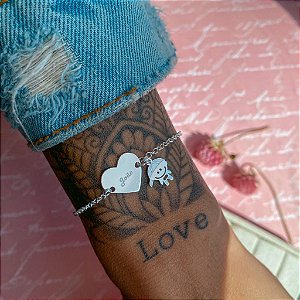 Puulseira personalizada de coração com pingentes na prata