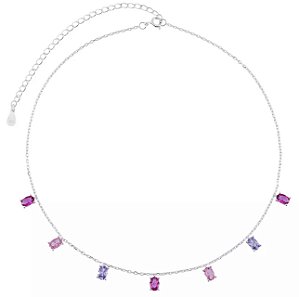 Choker Zircônias Ovais Lavanda com Pink na prata