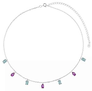 Choker Zircônias Oval e Gota Turmalina com Pink na prata