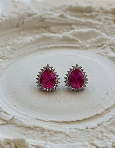 Brinco em formato de gota, cravejado cristal e pink