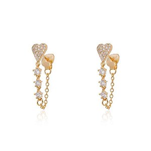 Brinco coração cravejado corrente (escolha o banho)