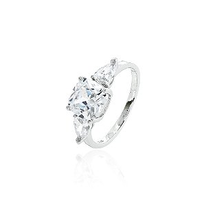 Anel quadrado com gota na lateral cristal prata 925