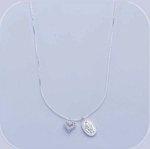 Colar Nossa Senhora Das Graças e coração na prata 925