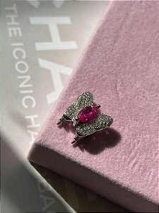 Pingente para pulseira de fita borboleta cristal e pink