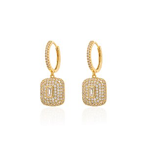 Brinco argola com pingente retangular cristal dourado