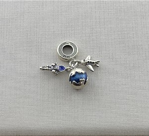 Berloque astronauta, planeta terra e avião na prata 925