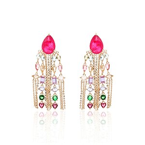 Brinco turmalina rosa com franja