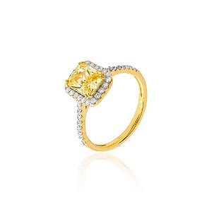 Anel retangular citrino na prata 925 com banho de ouro
