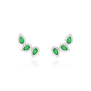 Brinco earcuff três gotas esmeralda na prata 925
