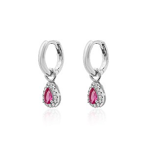 Argola com gota pink pendura na prata 925