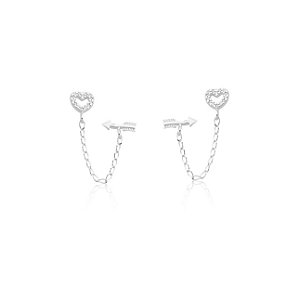 Brinco para dois furos coração e flecha na prata 925