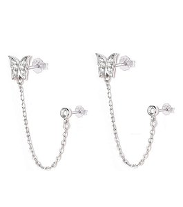 Brinco para dois furos borboleta e ponto de luz na prata 925