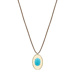 Colar couro sintético com pingente oval turquesa e borda dourada