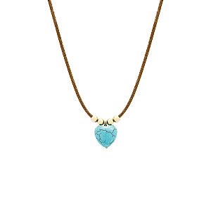 Colar couro sintético com pingente de coração turquesa