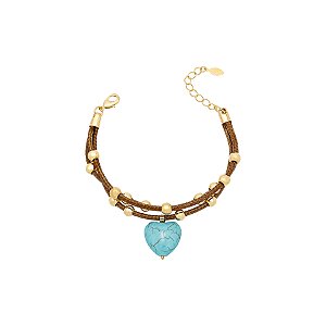 Pulseira couro sintético com pingente de coração turquesa