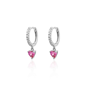 Argola com coração pendurado pink na prata 925