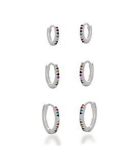 trio argola fina colorida na prata 925