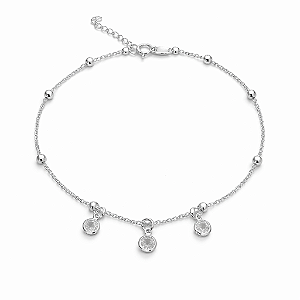 Tornozeleira de esferas com três ponto de luz na prata 925