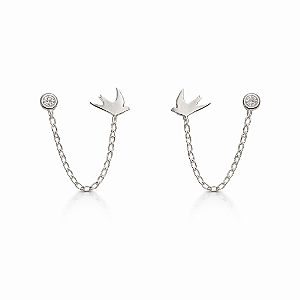 Brinco para dois furos pássaro e ponto de luz na prata 925