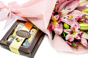 kit Buquê Delicado de Lírios e Astromélias + Ferrero Rocher