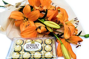 Kit Buquê Felicidade de Lírios Laranjas + Ferrero Rocher