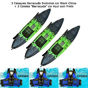 3 Caiaques Barracuda Evolution by (Fábio Baca), cor Black Cítrus + 3 Coletes "Barracuda" Azul com Preto